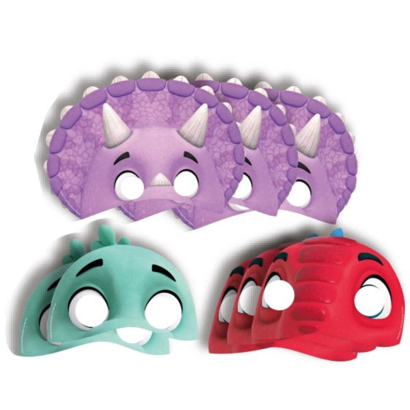 Set of 8 colorful Dino Ranch paper masks for imaginative play and themed parties, featuring popular dinosaur characters.