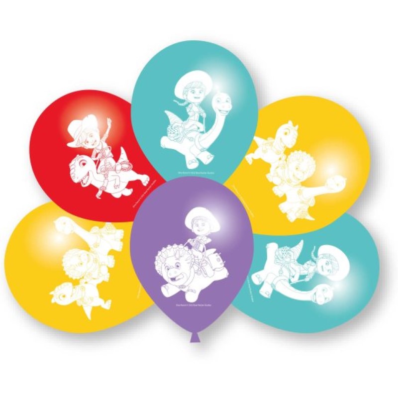 Set of 6 vibrant 30cm latex balloons with colorful dinosaur prints, perfect for dinosaur-themed parties.