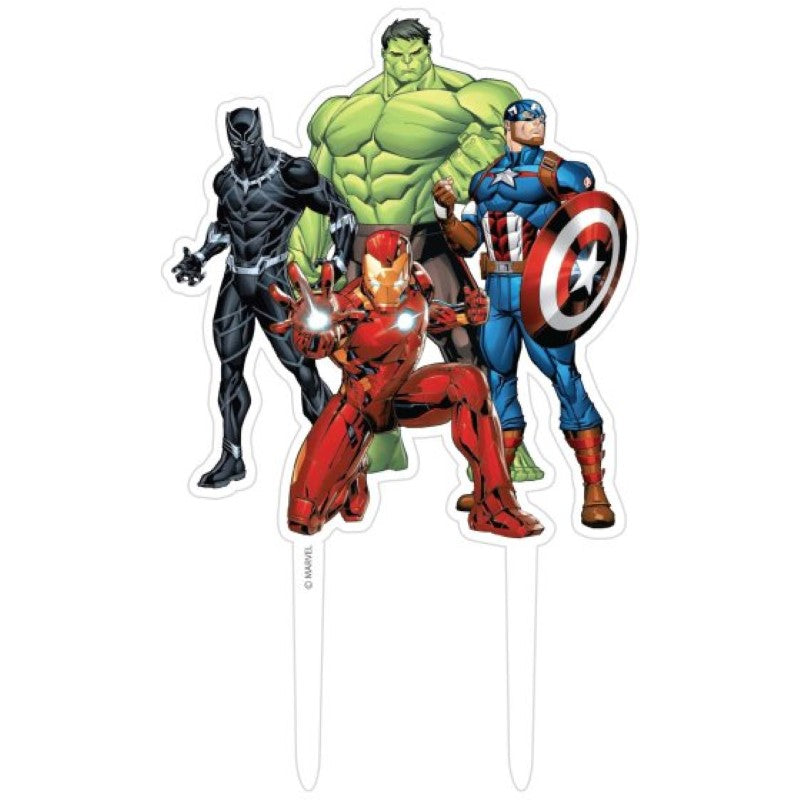 Colorful acrylic cake topper featuring the Marvel Avengers team, perfect for superhero-themed celebrations.