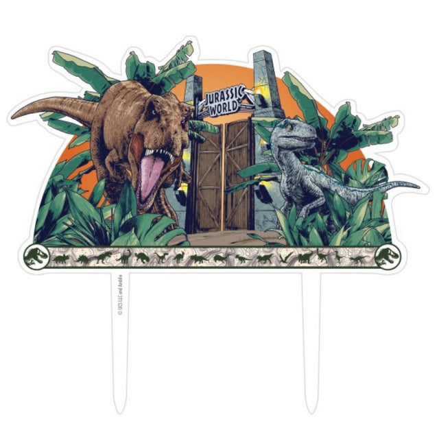 Jurassic Into The Wild Acrylic Cake Topper featuring dinosaurs, perfect for themed parties; 14cm W x 17cm H, reusable and durable.