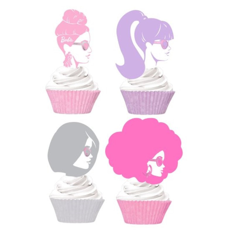 Colorful Barbie-themed cupcake cases and decorative picks, perfect for parties and celebrations, set of 24.