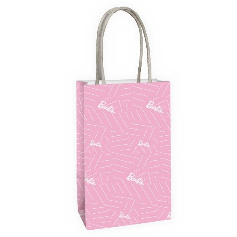 Set of 8 eco-friendly Barbie-themed kraft gift bags, perfect for parties and small treats, measuring 13cm x 21cm x 8cm.