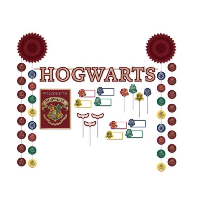 Harry Potter Buffet Decorating Kit with 23 enchanting decorations featuring characters, banners, and magical symbols for themed parties.