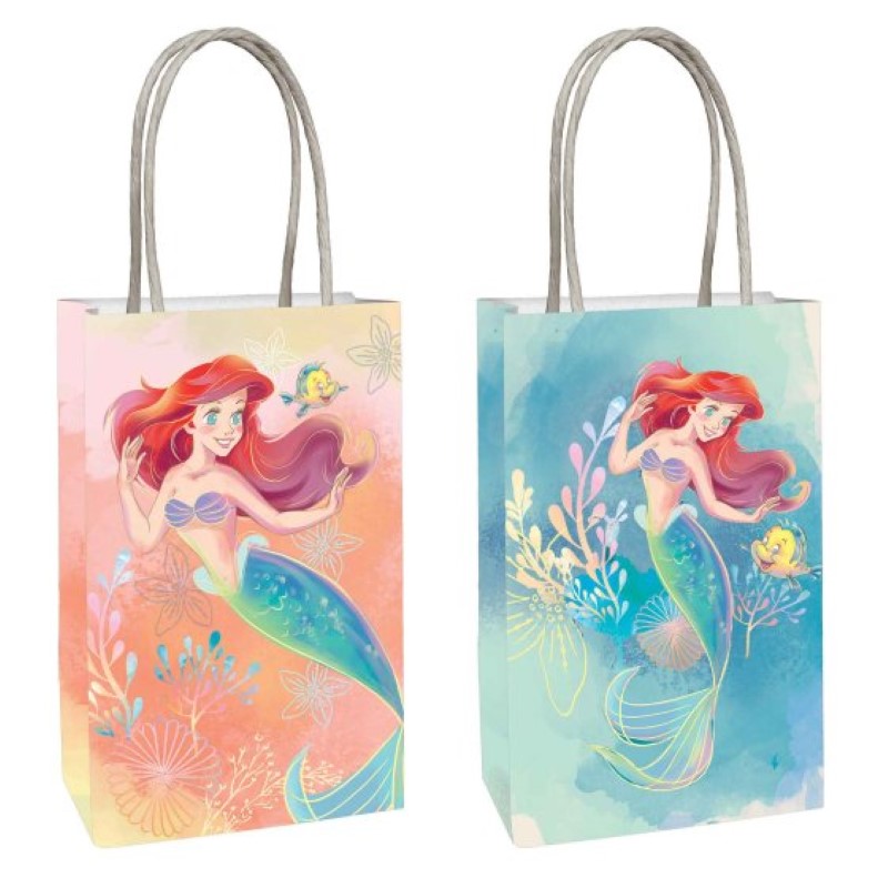 Set of 8 eco-friendly kraft bags featuring vibrant Little Mermaid designs, perfect for gifts and party favors.
