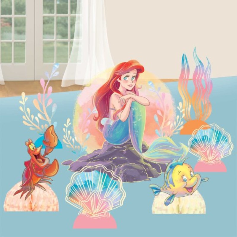 The Little Mermaid Table Decorating Kit featuring colorful Ariel-themed centerpieces and cutouts for vibrant parties.