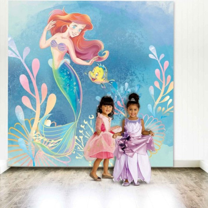 Vibrant Little Mermaid Scene Setter set, featuring beloved characters for enchanting underwater party decor.