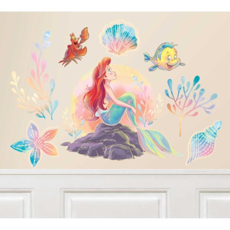 The Little Mermaid Wall Decorating Kit featuring vibrant characters like Ariel and Flounder for enchanting decor.