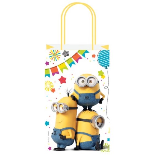 Pack of 8 eco-friendly Despicable Me 3 kraft bags featuring adorable Minions, perfect for parties and gift-giving.