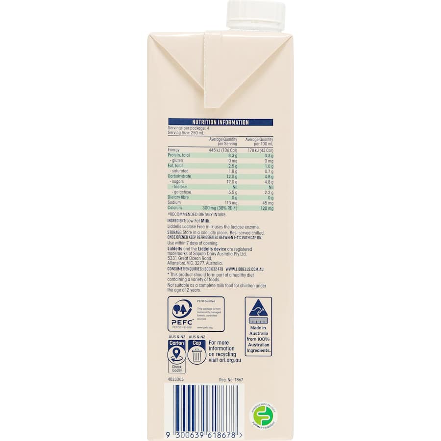 Liddells Milk Lactose Free Low Fat 1L