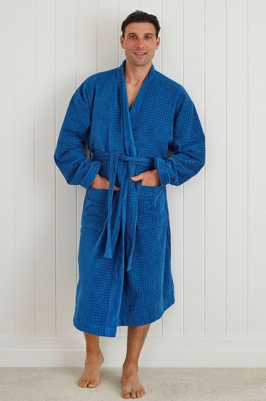 Fabian Blue robe by BAKSANA, kimono style with pockets, made from soft OEKO-TEX® certified cotton, ethically made in Turkey.