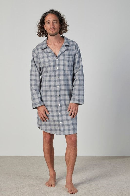 Luxurious EZRA Nightshirt in Small by BAKSANA, featuring a button-down design, long sleeves, and pocket, made from soft cotton.