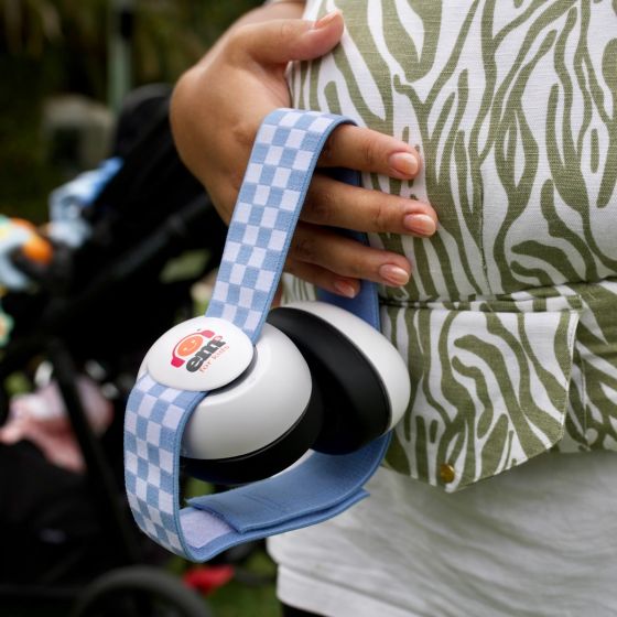 Baby Earmuffs - White/Bluecheckered - Em's 4 Kids