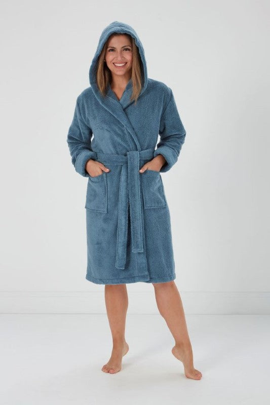 Halle Blue robe by BAKSANA, a cozy hooded bathrobe with pockets, made from OEKO-TEX® certified micro-cotton.