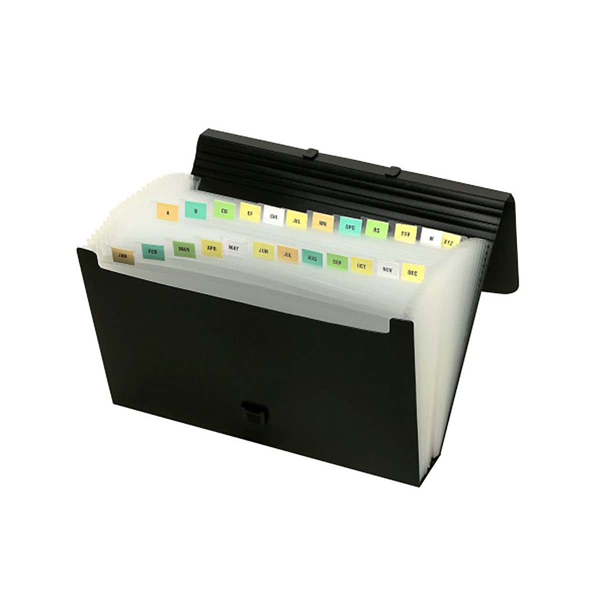 Black Marbig Expanding Case with 26 pockets, ergonomic handle, and secure latch for organized document storage.