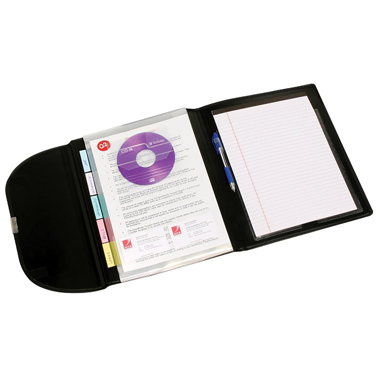 Marbig Compendium in black with 5 expandable pockets, perfect for organizing A4 documents and essential accessories.