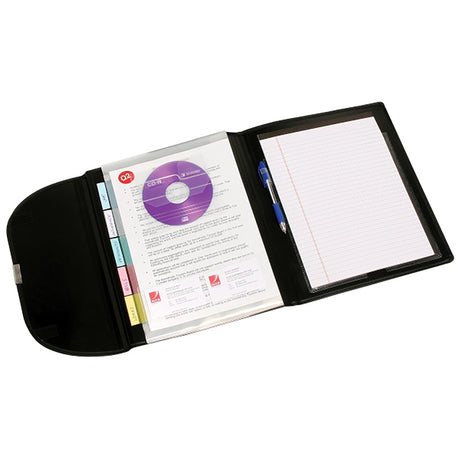 Marbig Compendium in black with 5 expandable pockets, perfect for organizing A4 documents and essential accessories.