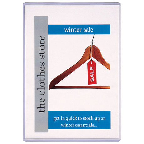 Pack of 20 Marbig D/Protectors in crystal clear PVC, ideal for protecting A5 documents like menus and certificates.