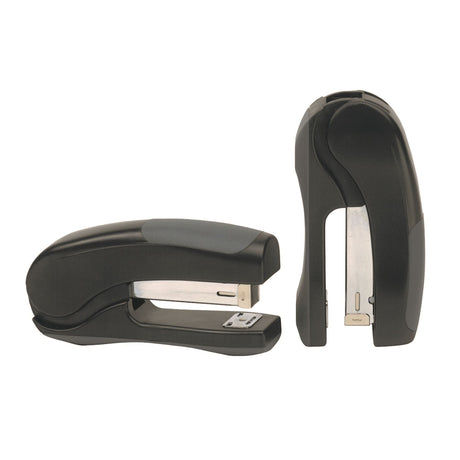 Black Marbig stapler that stands upright, staples up to 25 sheets, and features a comfortable grip for easy use.
