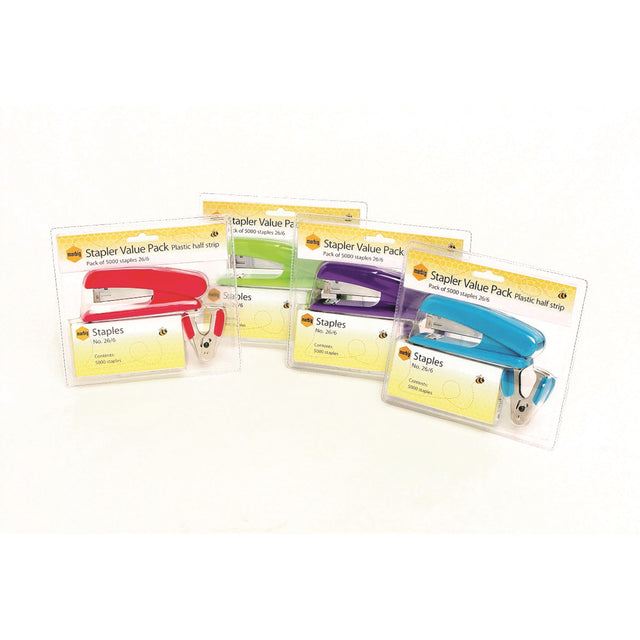 Brightly colored Marbig half strip stapler with 5000 staples and remover, perfect for stylish office organization.