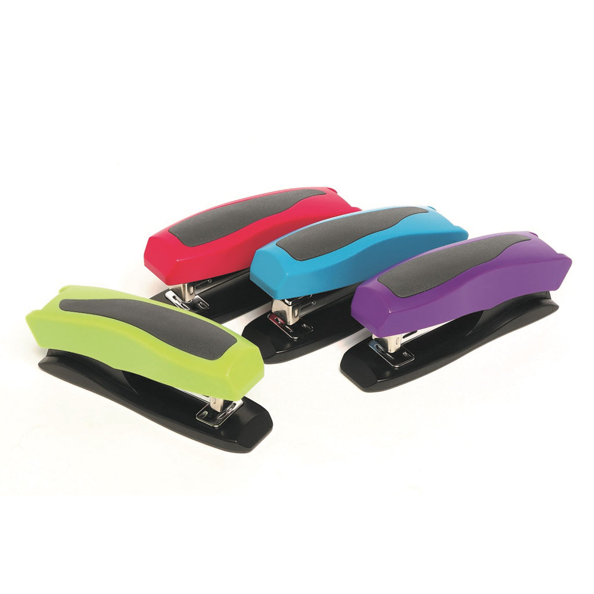 Vibrant Marbig half strip stapler in blue, pink, purple, and green; staples up to 20 sheets with rubber feet for desk protection.
