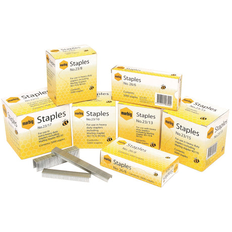 Marbig Heavy Duty Staples 23/13 in a 5000 box, designed for strong and reliable stapling across various paper thicknesses.