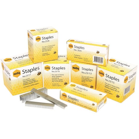 Box of Marbig 26/6 staples, 5000 count, designed for reliable and smooth stapling in offices and schools.