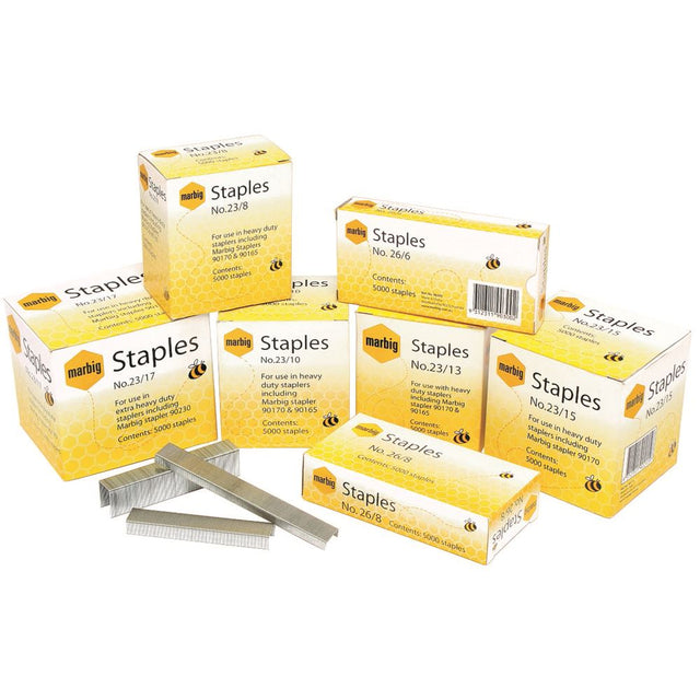 Box of Marbig 26/6 staples, 5000 count, designed for reliable and smooth stapling in offices and schools.