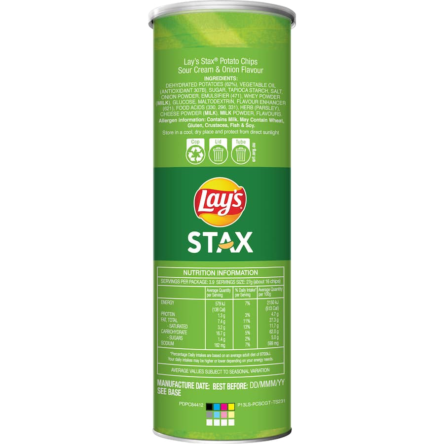 Lays Stax Potato Chips Sour Cream & Chives Cylinder 105g