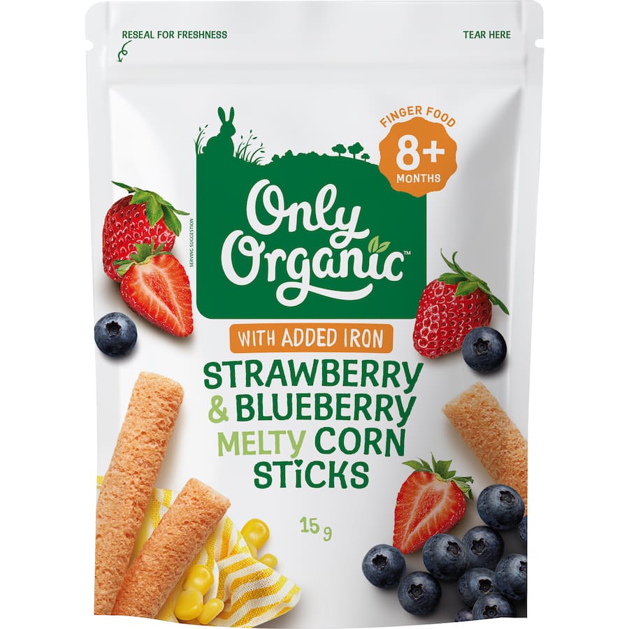 Only Organic Baby Snacks Strawberry Corn Sticks 15g