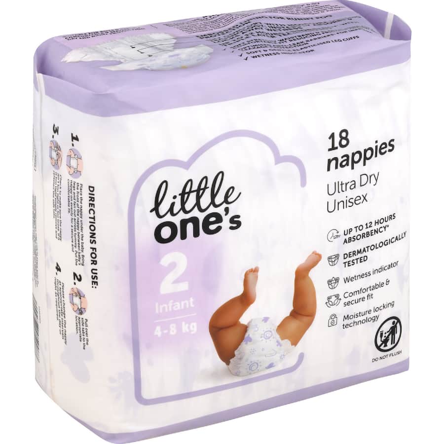 Little One's Convenience Nappies Infant Boys & Girls 4-8kg Size 2 18pack