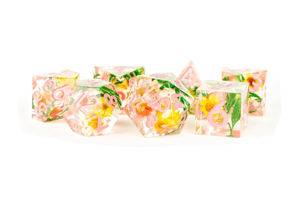 Fanroll: Handcrafted Sharp Edge Resin Dice Set: Chrysanthemum w/ Pink Numbers