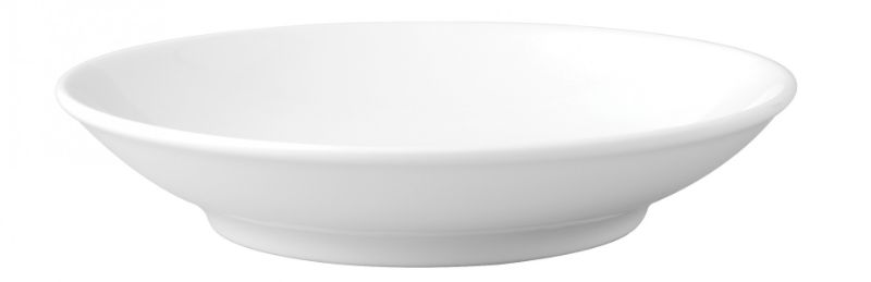 Set of 12 elegant Royal Porcelain round coupe plates, durable, glossy white finish, perfect for any dining occasion.