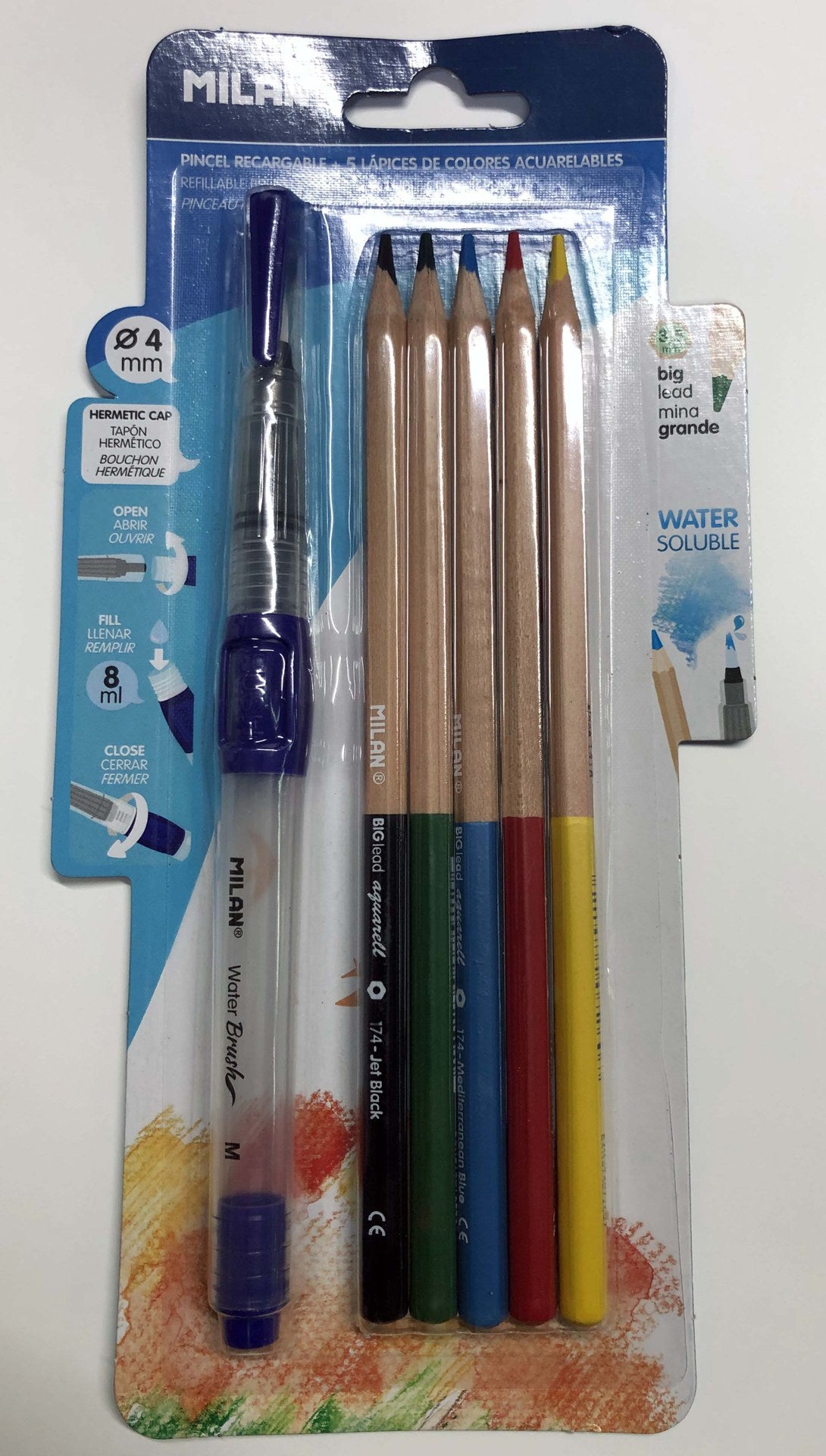 Set of MILAN WATER BRUSH and 5 water-soluble pencils for versatile, vibrant watercolor art on the go.