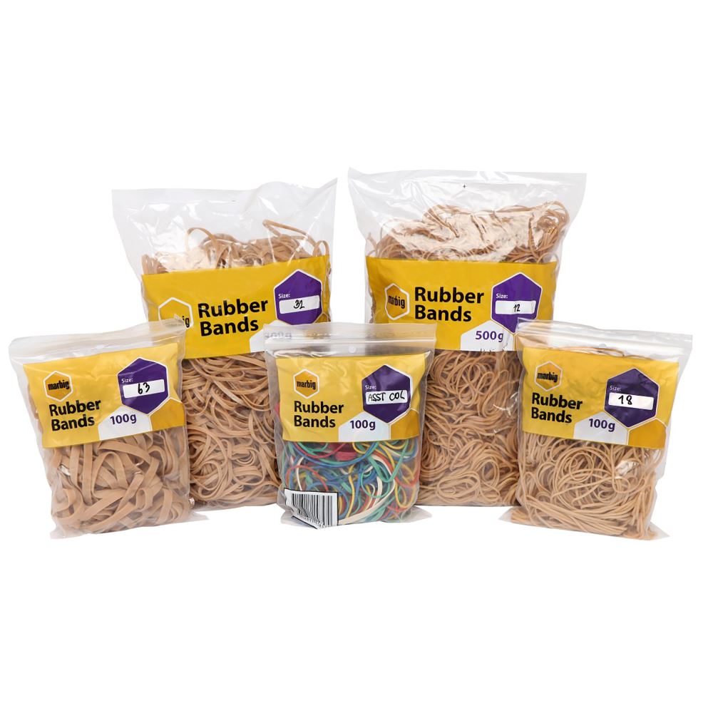 Marbig Size 16 rubber bands in a 100gm zip lock bag, ideal for organizing and bundling items with durable elasticity.