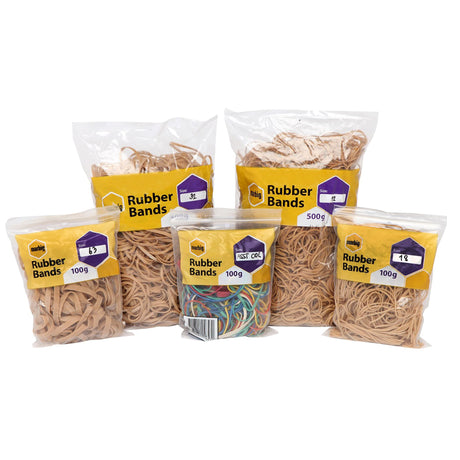 Marbig Size 18 Rubber Bands in 500gm pack, durable for bundling, organizing, and DIY projects without snapping.