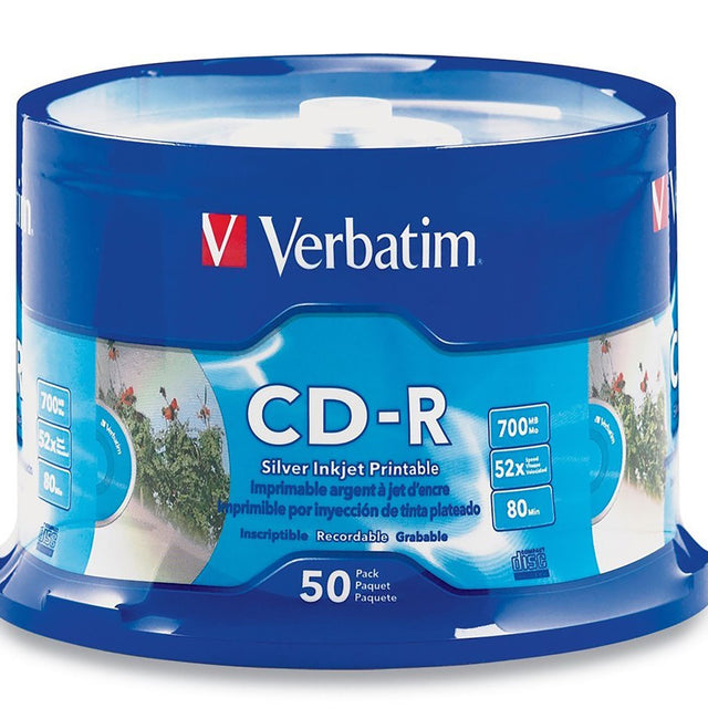 VERBATIM CD-R 700MB silver inkjet discs pack of 50, ideal for high-quality printing and data storage with long archival life.