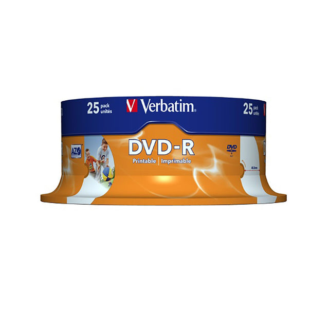 VERBATIM DVD Spindle Pack of 50, 4.7GB, 16X write speed for efficient data storage and customizable inkjet printable surfaces.