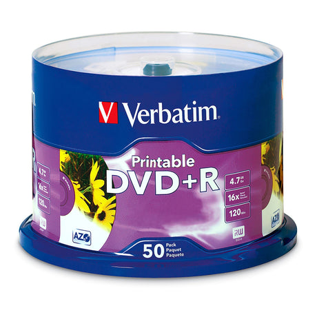 VERBATIM DVD spindle with 50 write-once 4.7GB DVD+R discs, ideal for archiving, recording, and printing labels.