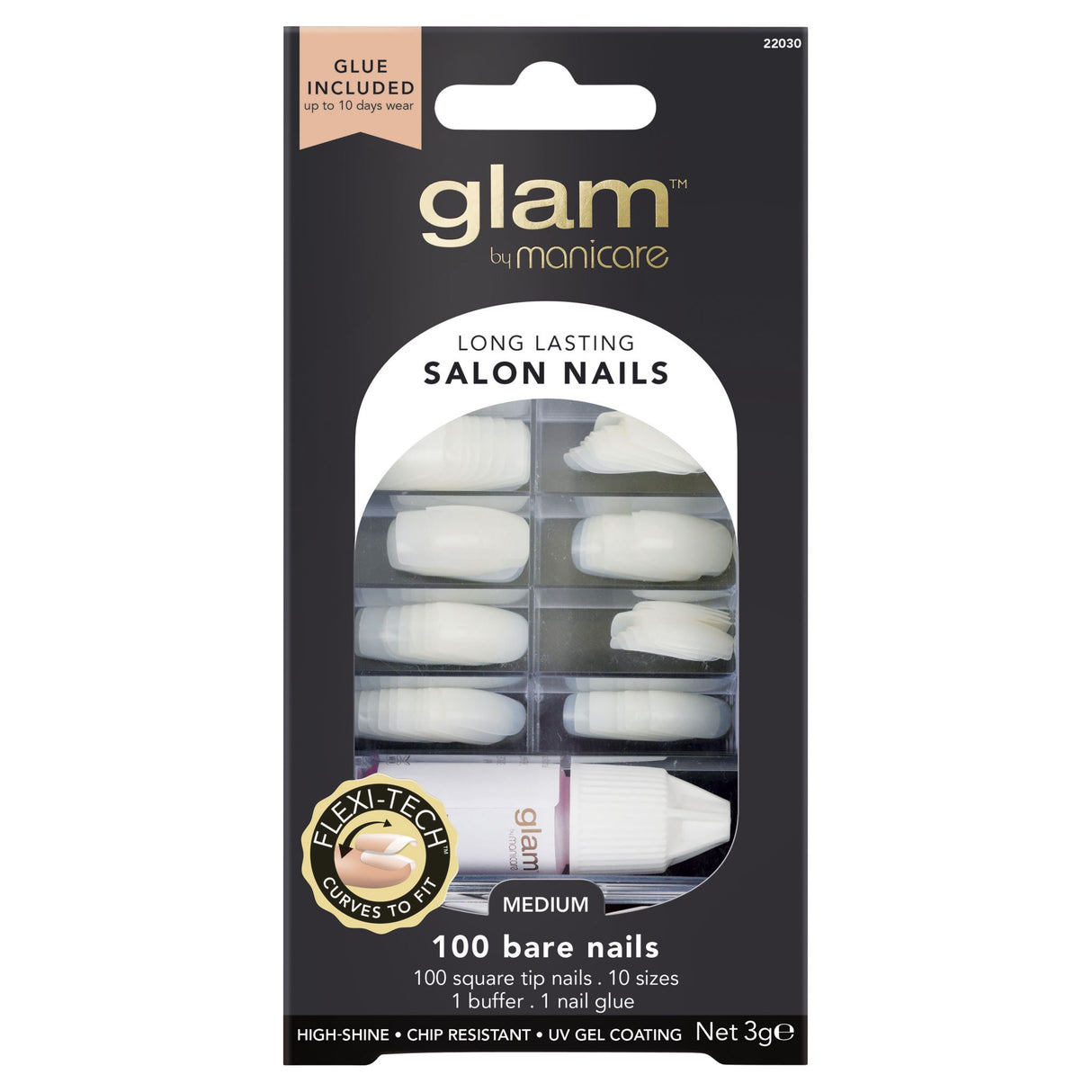 Glam By Manicare nail glue box with 100 salon-quality nails for stunning, long-lasting results at home.