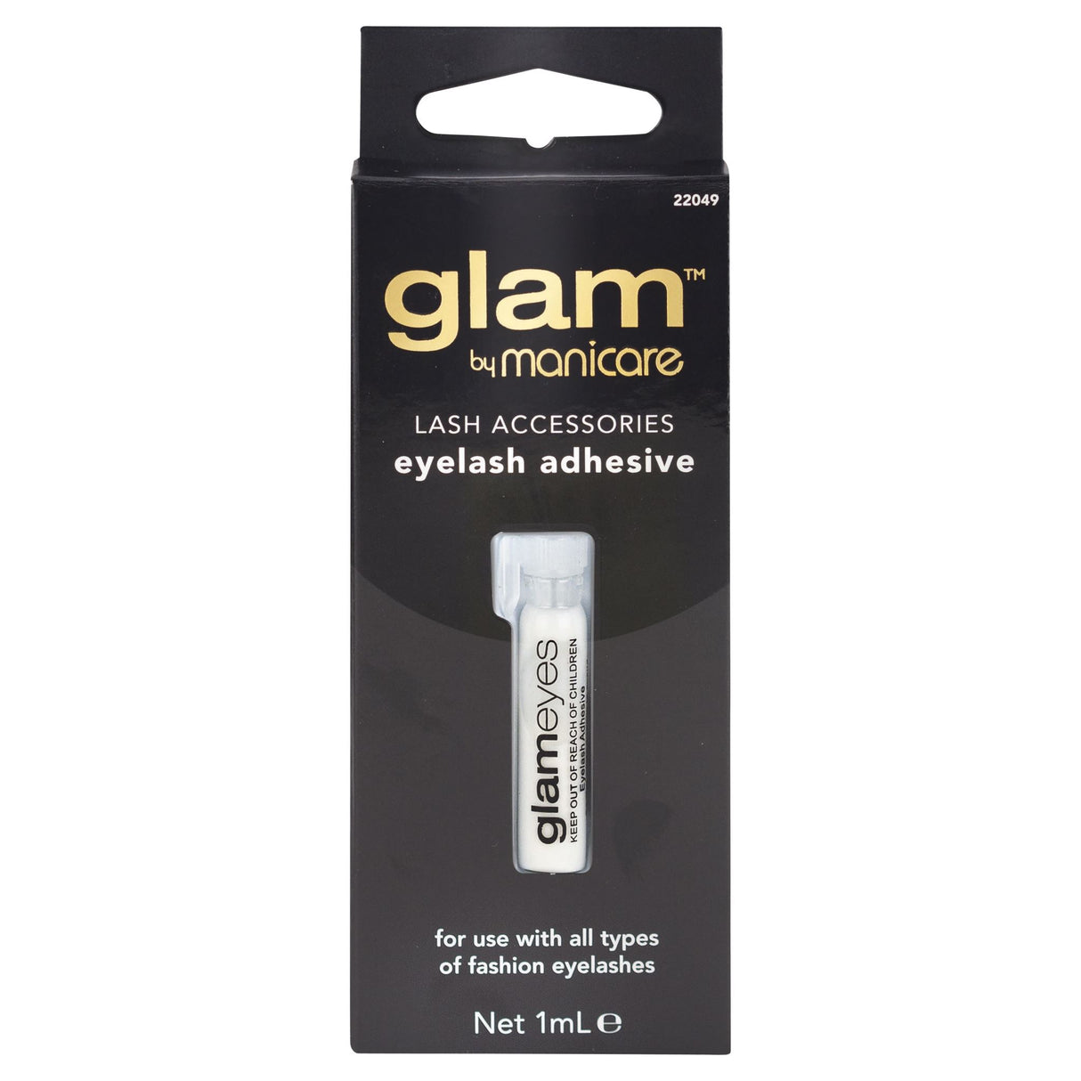 Glam By Manicare Eyelash Adhesive for secure, quick-drying false lash application; hypoallergenic and travel-friendly.