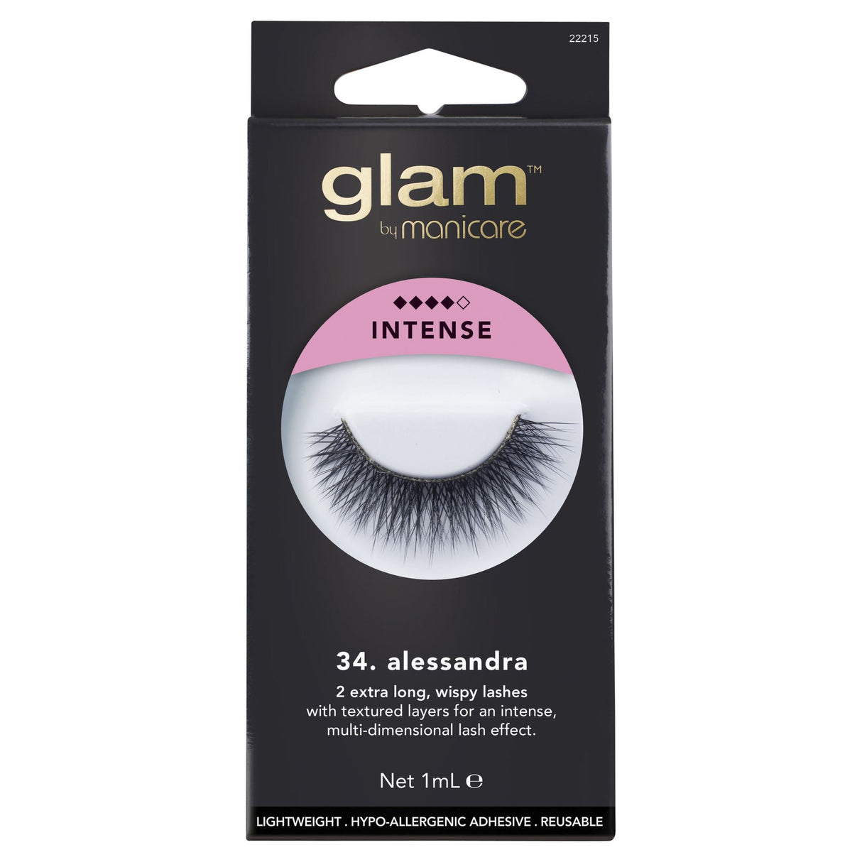 Extra-long, wispy Alessandra lashes by Glam By Manicare for a dramatic, multi-dimensional look with hypoallergenic adhesive.