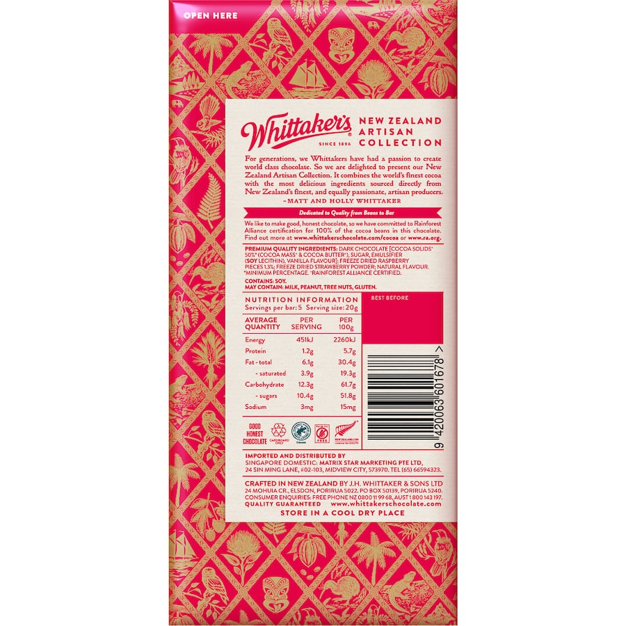 Whittakers Chocolate Block Raspberry & NZ Strawberry 100g