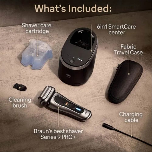 Braun Series 9 Pro+ shaver with 6-in-1 SmartCare Center, designed for precision and skin comfort in wet or dry use.