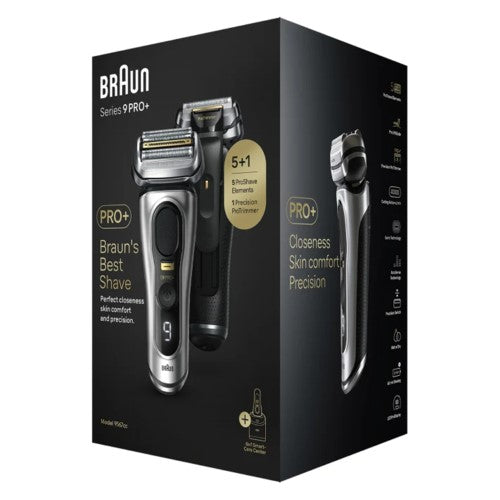 Braun Series 9 Pro+ shaver with SmartCare Center designed for wet/dry use, precision cutting, and enhanced skin comfort.