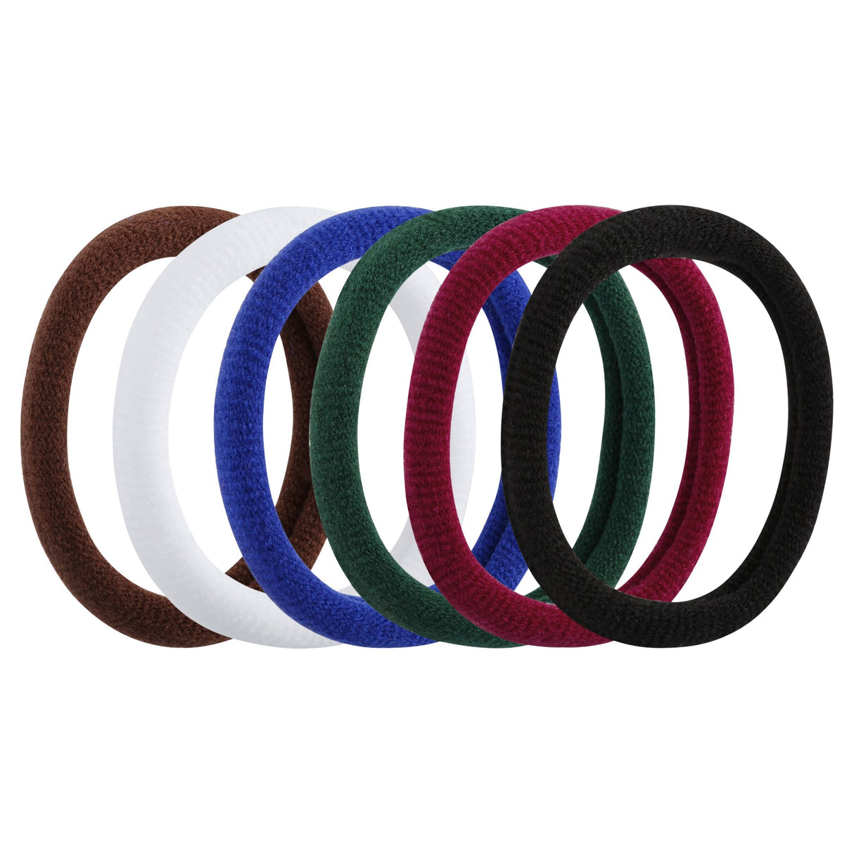 Soft knitted ponytail holders in vibrant school colors, ideal for secure and comfortable hairstyles for kids and adults.