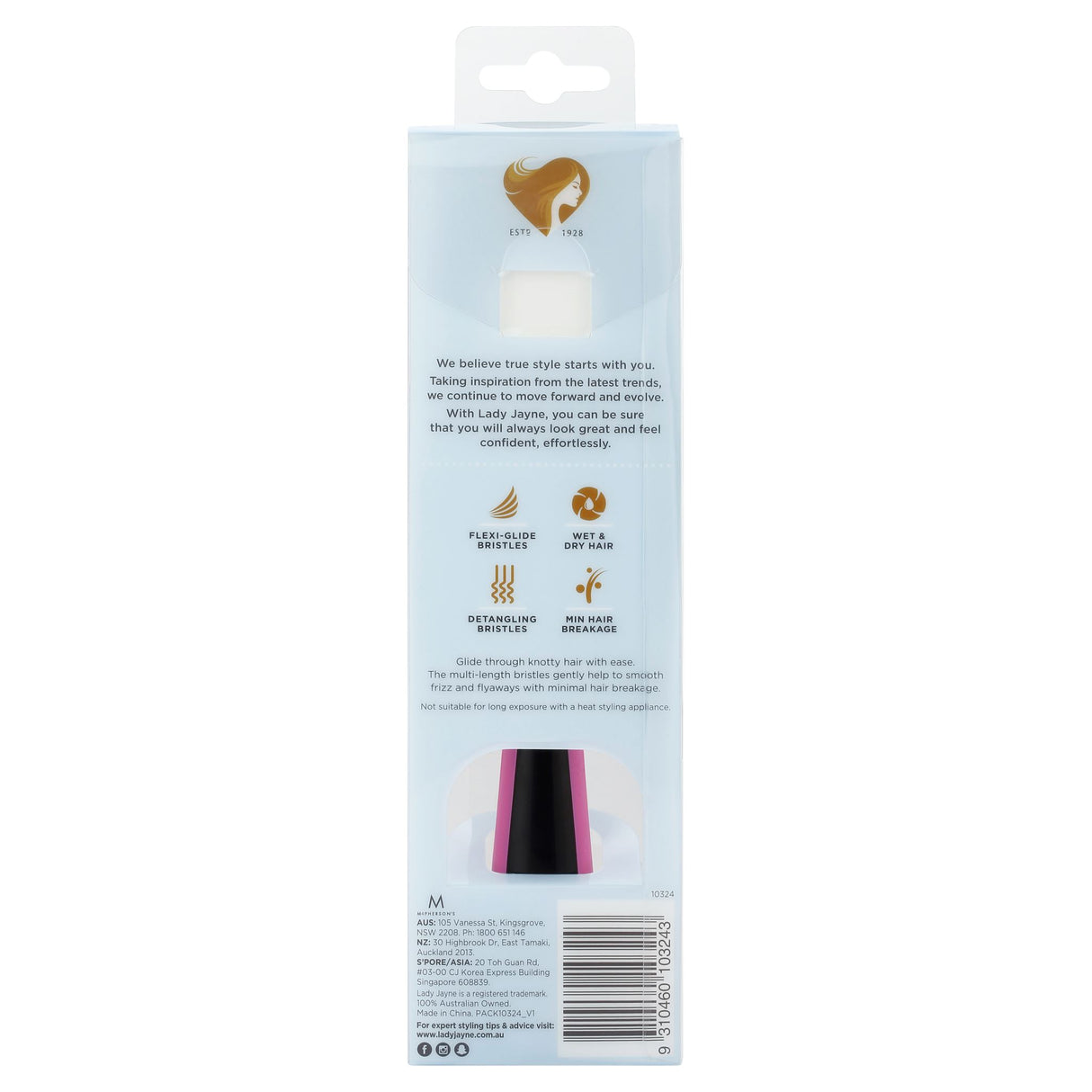 Lady Jayne Tanglepro Detangling Brush features Flexi-Guide technology, ergonomic handle, and multi-length bristles for easy detangling.