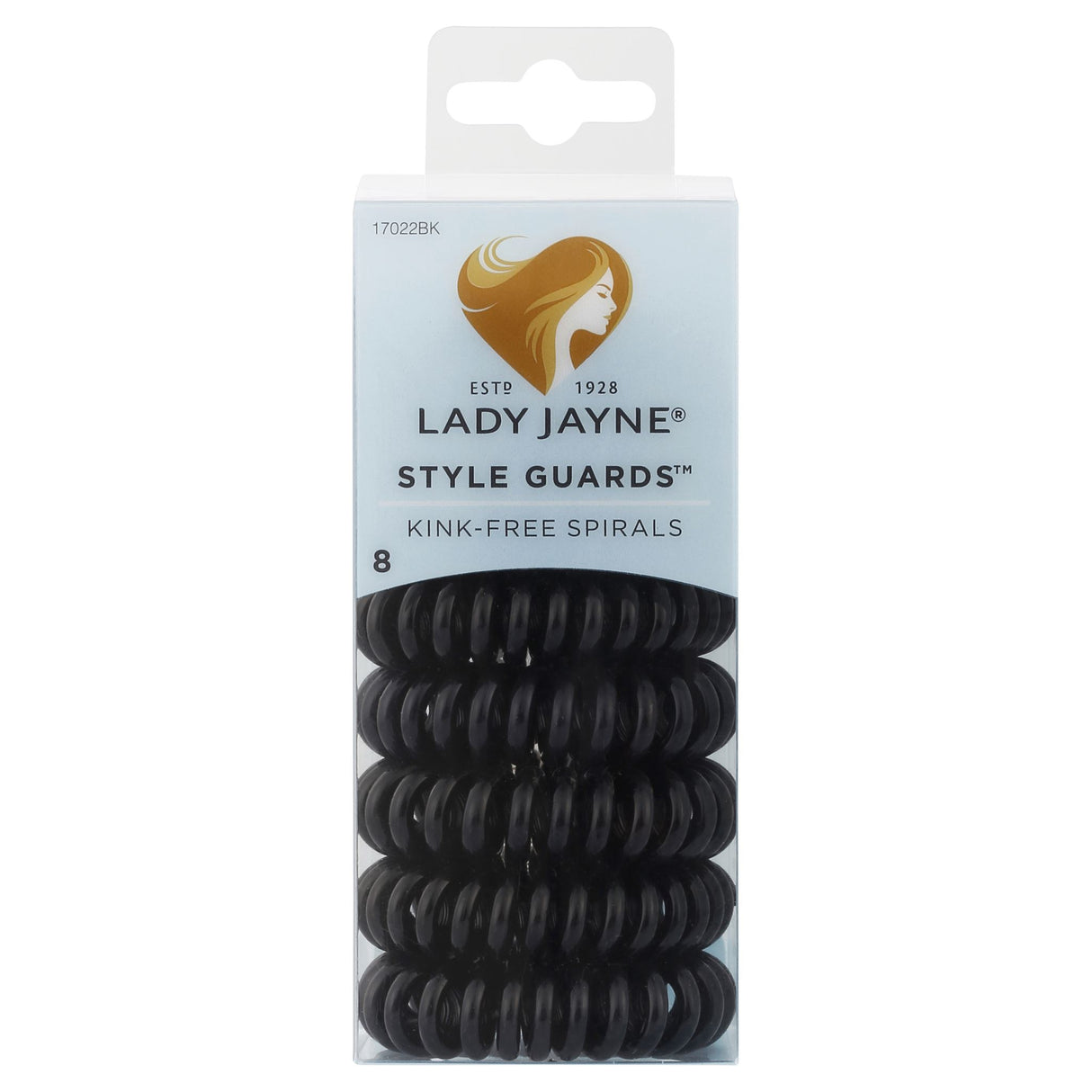 Lady Jayne Style Guards black kink-free spirals in an 8-pack, designed to hold hair without creasing or damage.