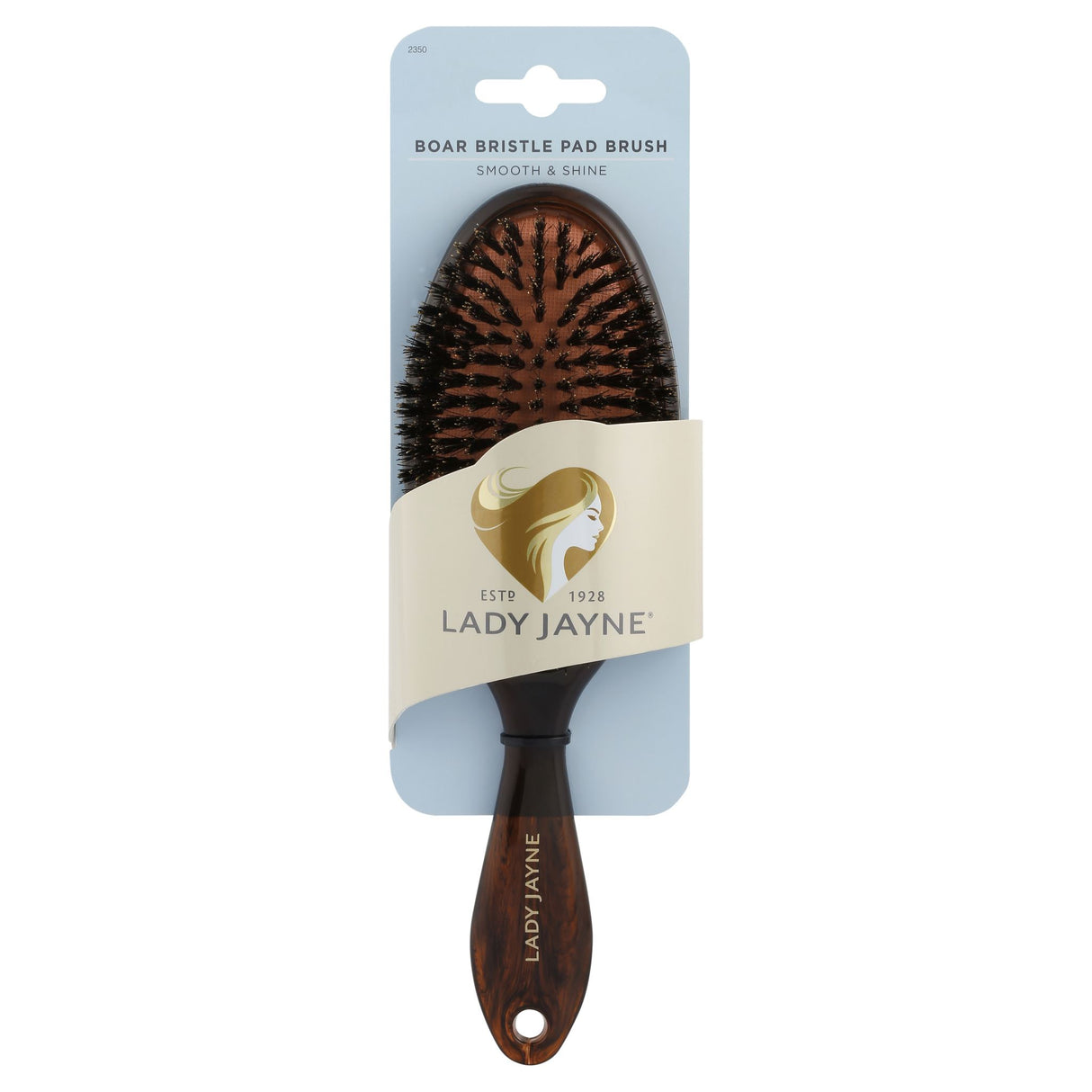 Lady Jayne Large Boar Bristle Pad Brush, designed for medium to long hair, smooths tangles and enhances shine.