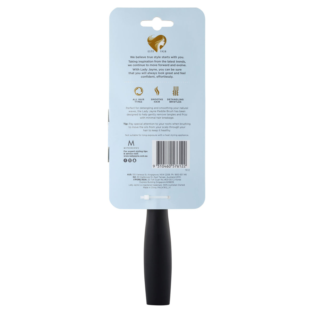 Lady Jayne Paddle Brush for detangling, smoothing waves, and scalp massage with soft ball tip bristles.