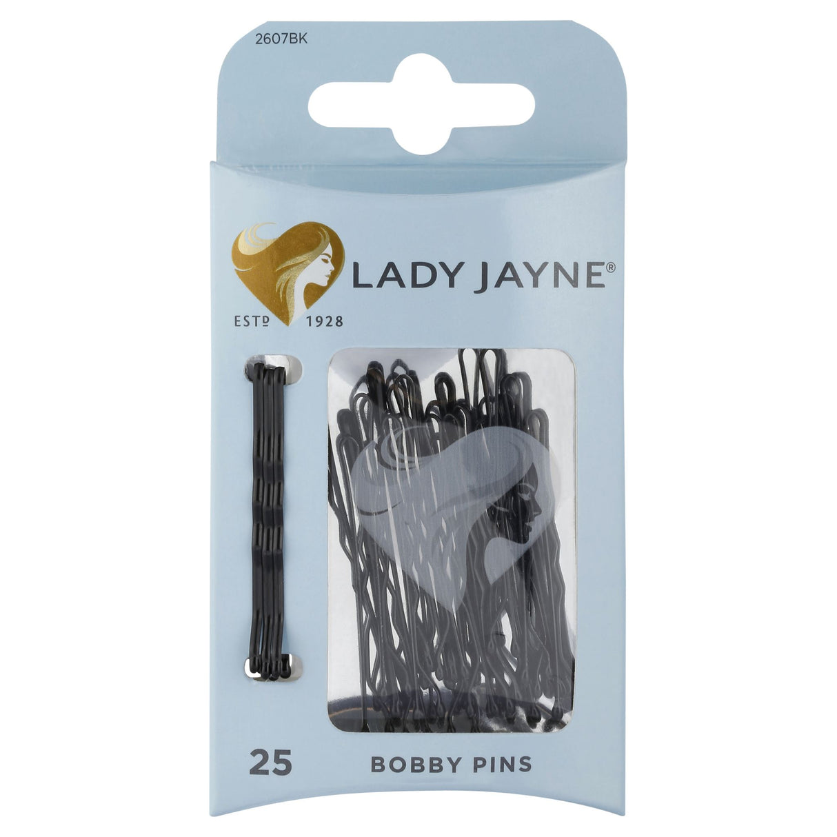Lady Jayne Black Bobby Pins in a pack of 25, featuring wave contour design for secure hold and comfort.